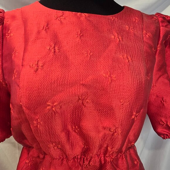 Sister Jane Poppy Dress Red Jacquard Mini Short Puff Sleeves Heart Back Medium - Picture 3 of 12